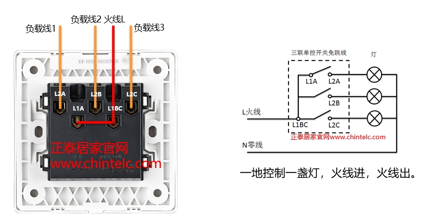 单控开关接线图-三联单控开关（免跳线）