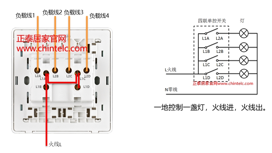 单控开关接线图-四联单控开关